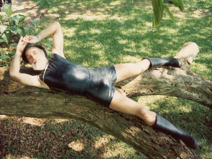 RubberShorts and Latex TankTop on Tree Crotch