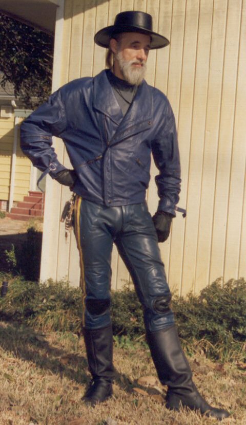 Riding in Blue Leather Pants and Jacket